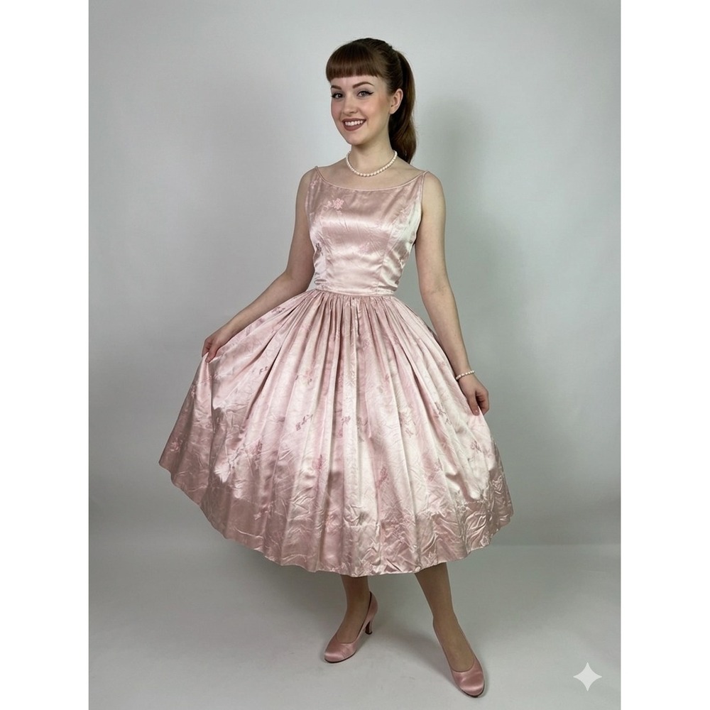 Vintage 50s Pink Silk Damask Full Skirt Party Dress Mid Century Floral Chinese